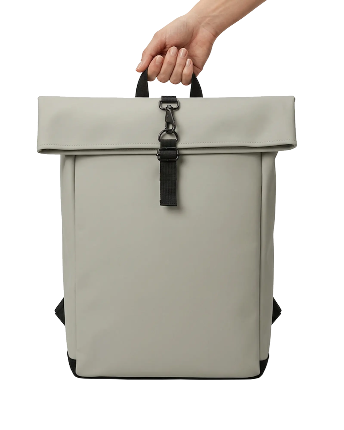 A matte PU roll-top backpack made from recycled polyester