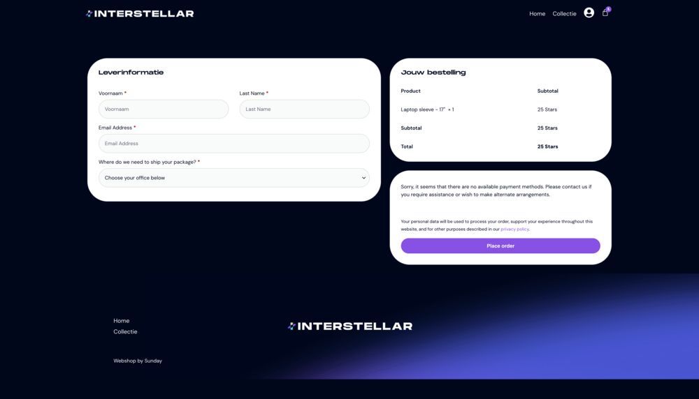 Afrekenen in de Interstellar-swagwinkel, waar een besteltotaal wordt uitgedrukt in de eigen coinvaluta van het bedrijf in plaats van in geld