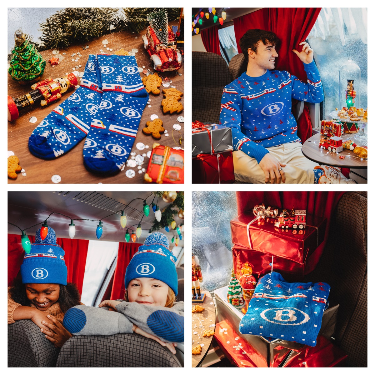 Gebrande NMBS-kerstsokken, een passagier in een NMBS-kersttrui in een trein, kinderen met NMBS-mutsen, en NMBS-geschenkdozen, uit Sundays onderzoeksstudie