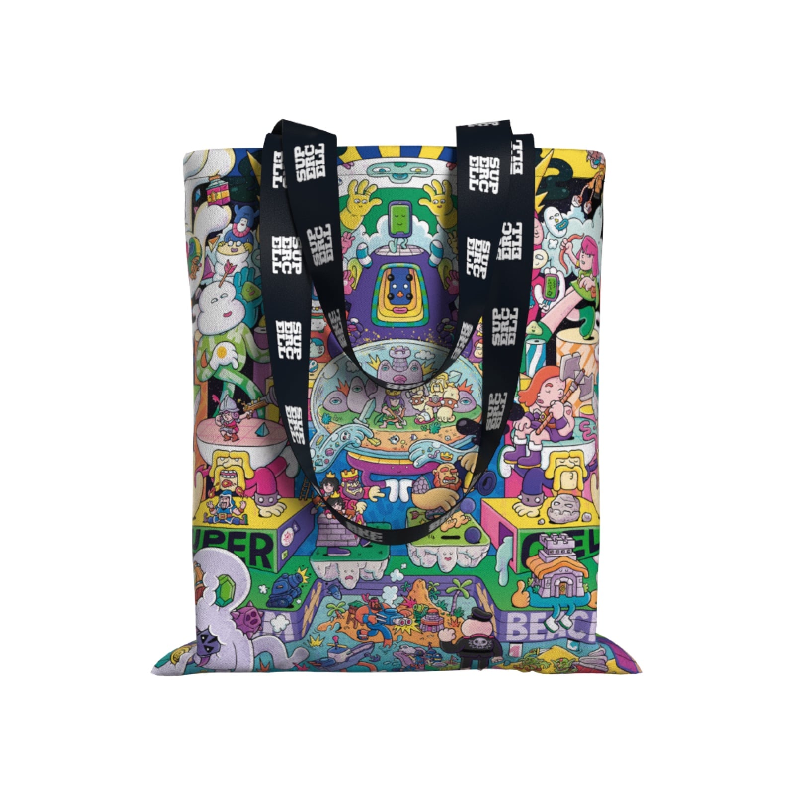 A full-colour Supercell tote bag design, showing edge-to-edge sublimation artwork on a synthetic fabric panel