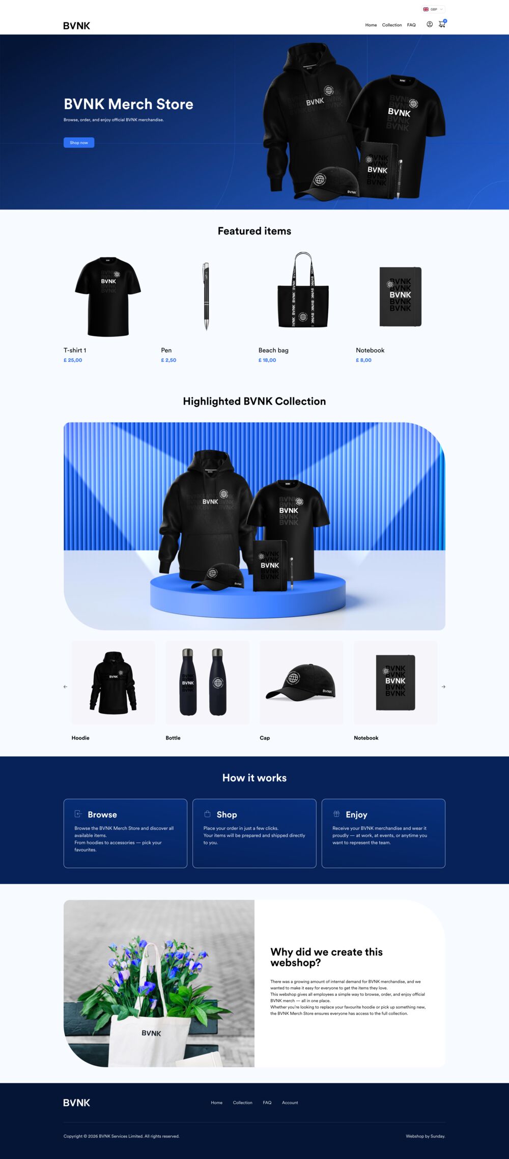 Página de inicio de la BVNK Merch Store mostrando artículos destacados con precio en libras esterlinas, un selector de divisa, una colección destacada y un texto explicativo sobre explorar, comprar y disfrutar