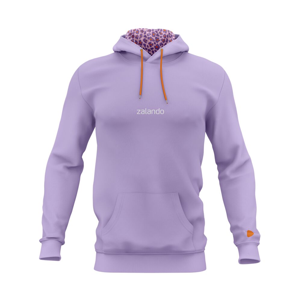 Corporate clothing example with a custom pattern: a hoodie in a brand color with a custom pattern on the hood and colored drawstrings