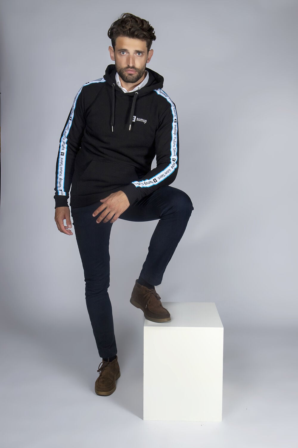 SumUp custom embroidered hoodie, branded company hoodie with stitched logo detail