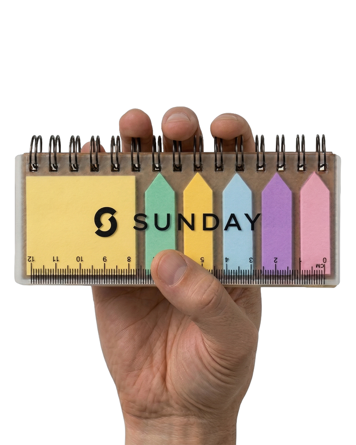 A compact notebook with coloured sticky notes and built-in ruler
