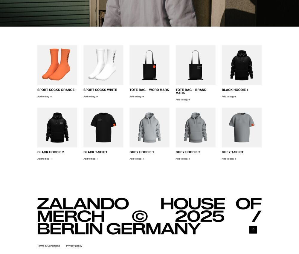 De collectiepagina van Zalando House of Merch, een door het merk goedgekeurde enterprise-swagwinkel met een gecureerd productaanbod