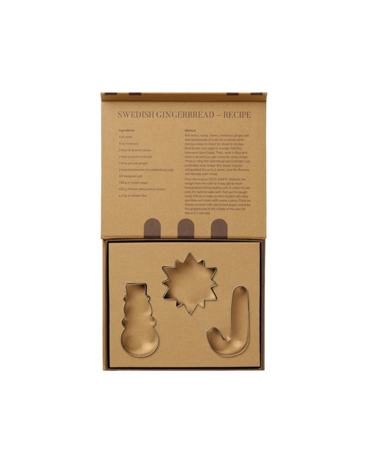 A three-piece stainless steel cookie cutter set in a gift box