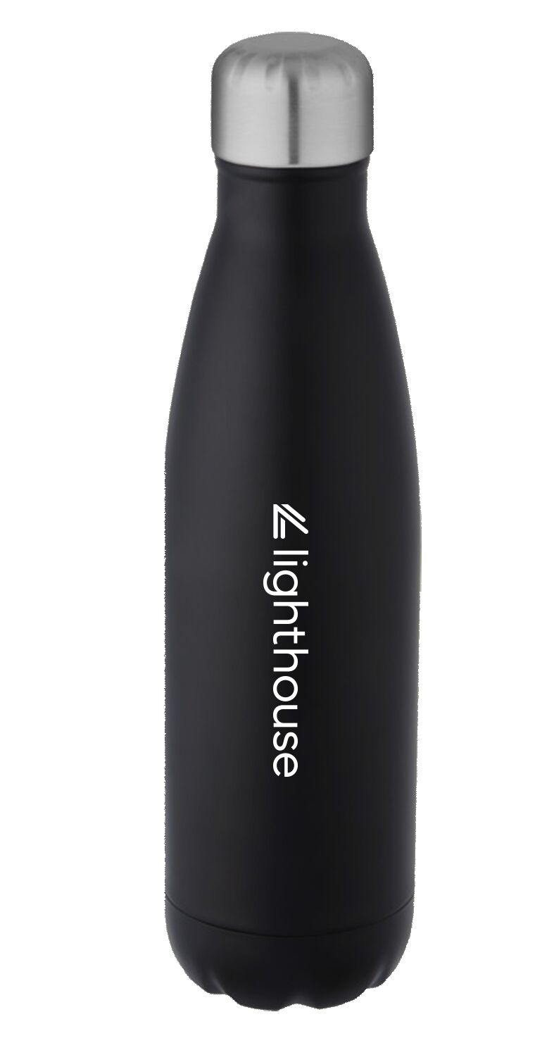 Een premium zwarte thermosfles gebrand voor Lighthouse, gebruikt als zelfstandig geschenk voor medewerkers en klanten