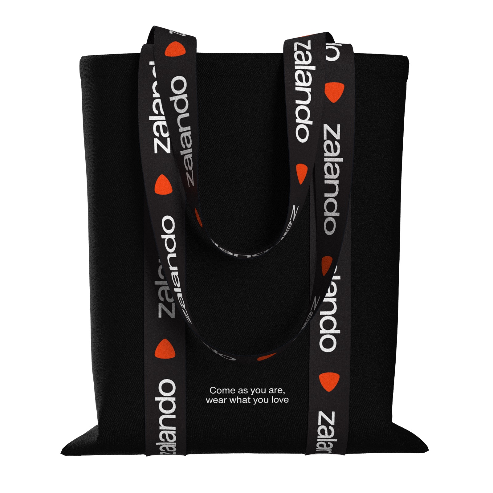 A custom tote bag with tape detail, front view