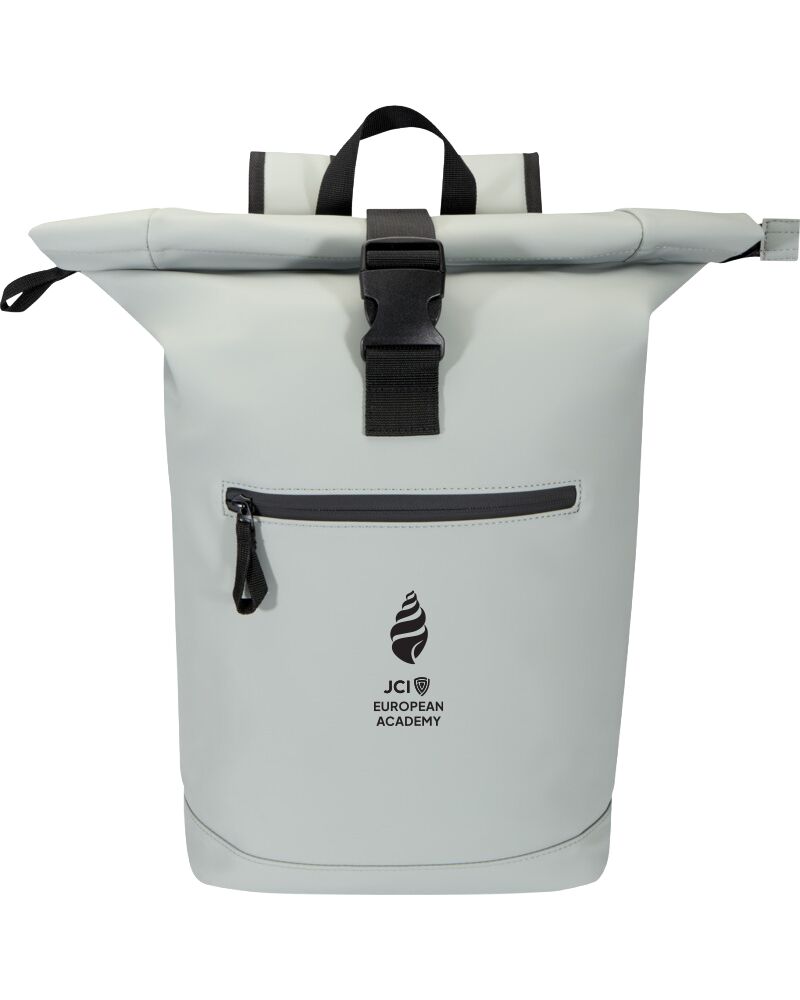 A clean branded backpack used as the premium anchor item in a partner onboarding kit