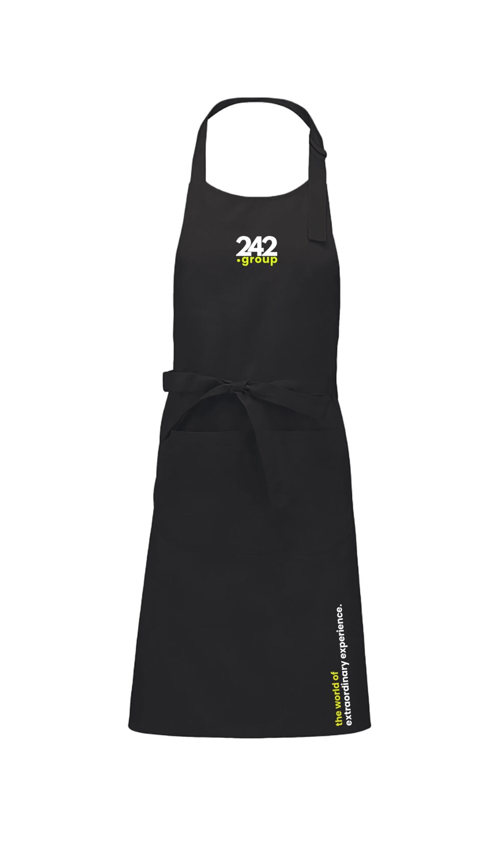 A custom apron proof with the logo placed and colours set, an example of the version you sign off before ordering