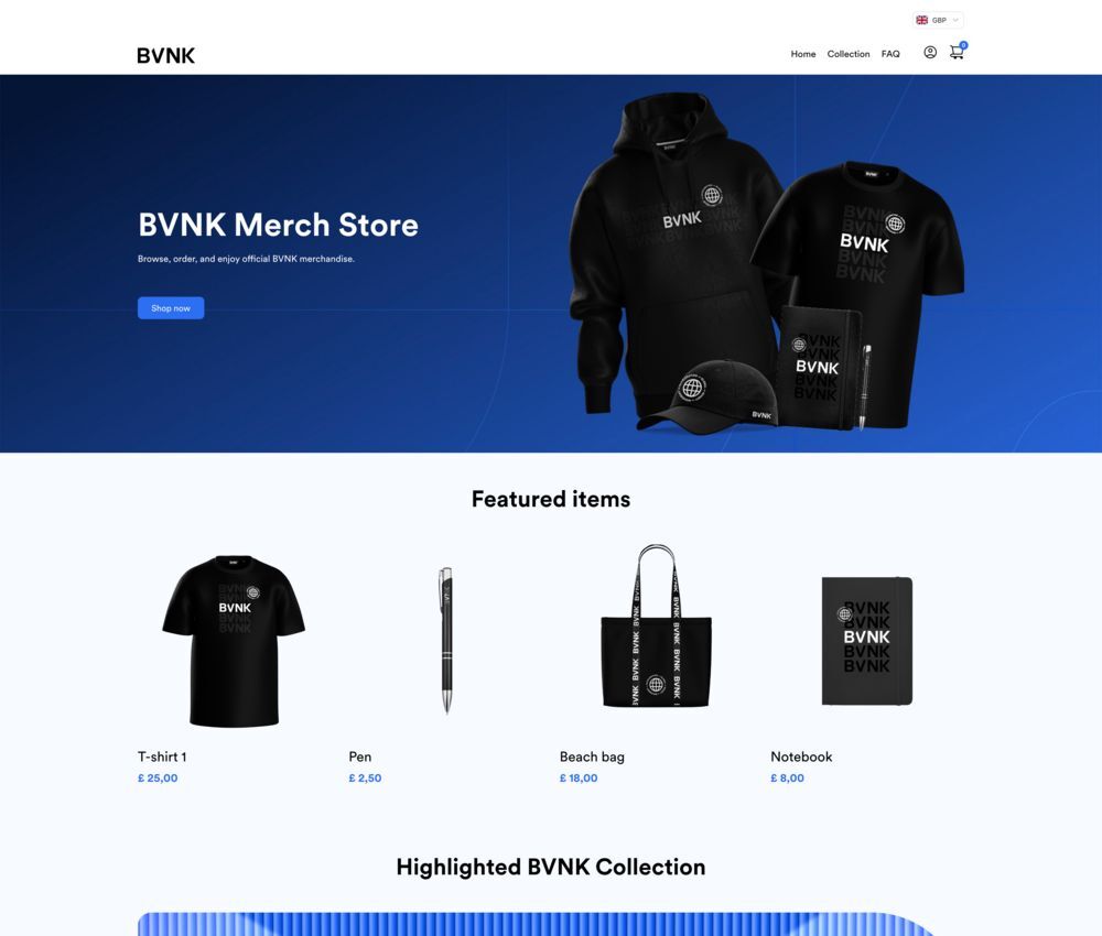 De homepage van de BVNK-swagwinkel, een interne e-commercewinkel die echte betalingen in meerdere valuta's afhandelt