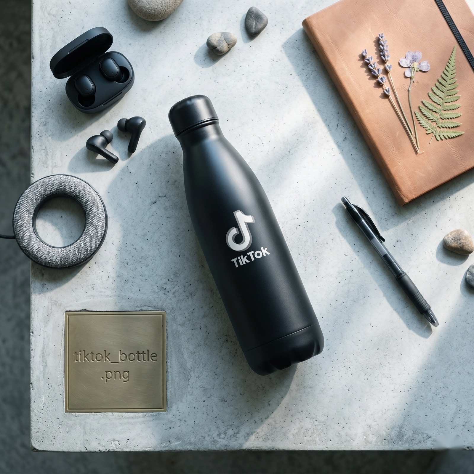 Una botella de agua con logotipo sobre un escritorio en una oficina