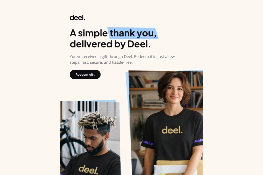 Een gebrande cadeaupagina met de kop A simple thank you, een zwarte knop Redeem gift en twee foto's van mensen in zwarte t-shirts met een klein logo op de borst.