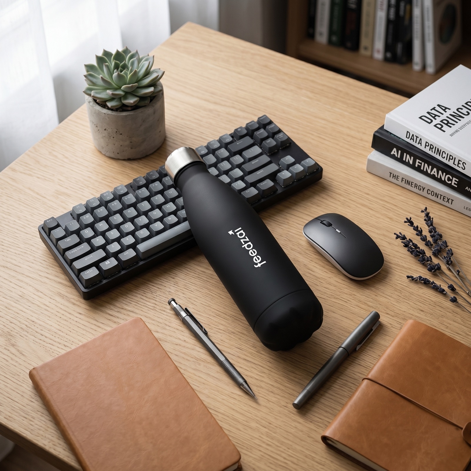 A matte black custom water bottle on a desk