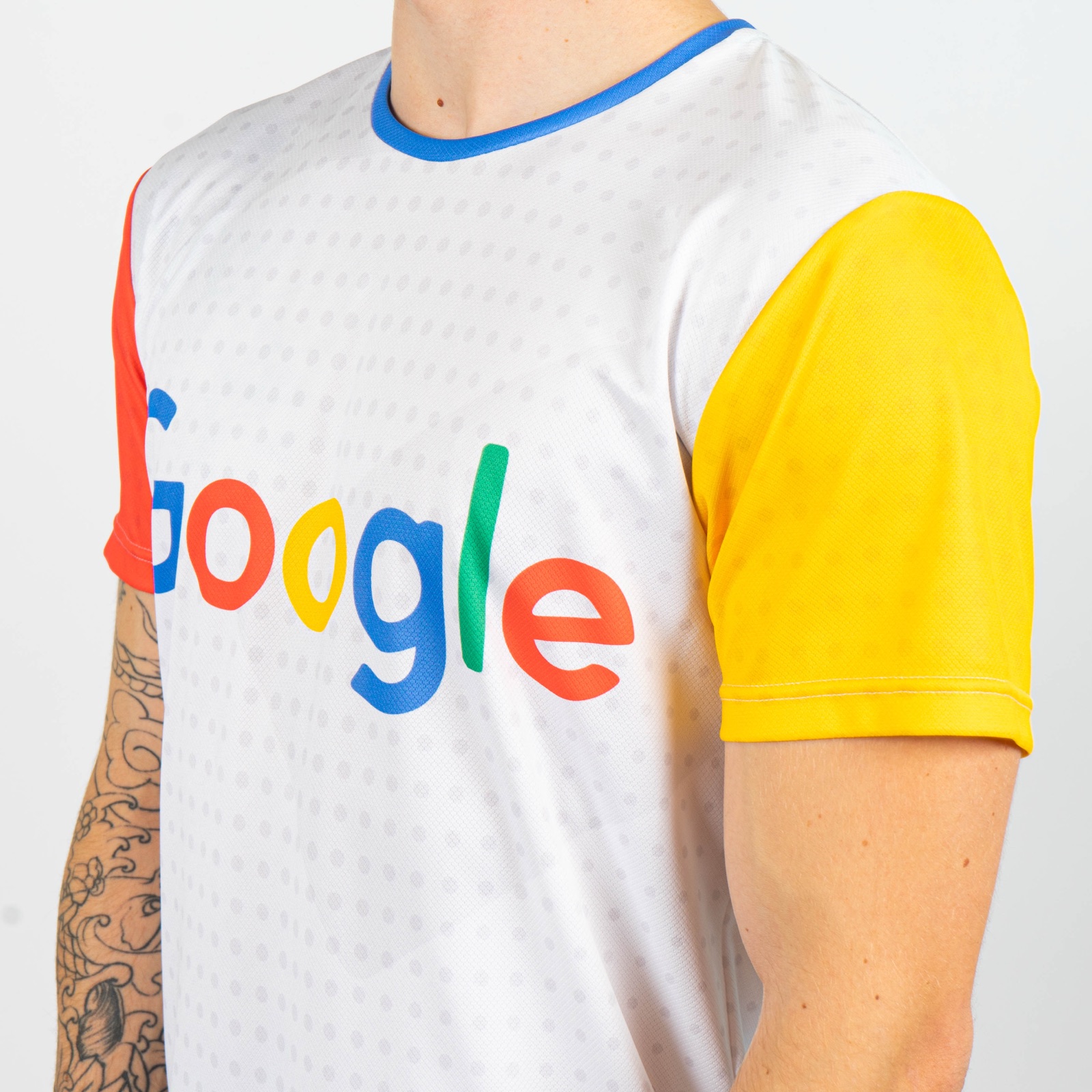 A Google-branded custom team jersey in bold brand colours, an example of a coordinated company sports kit