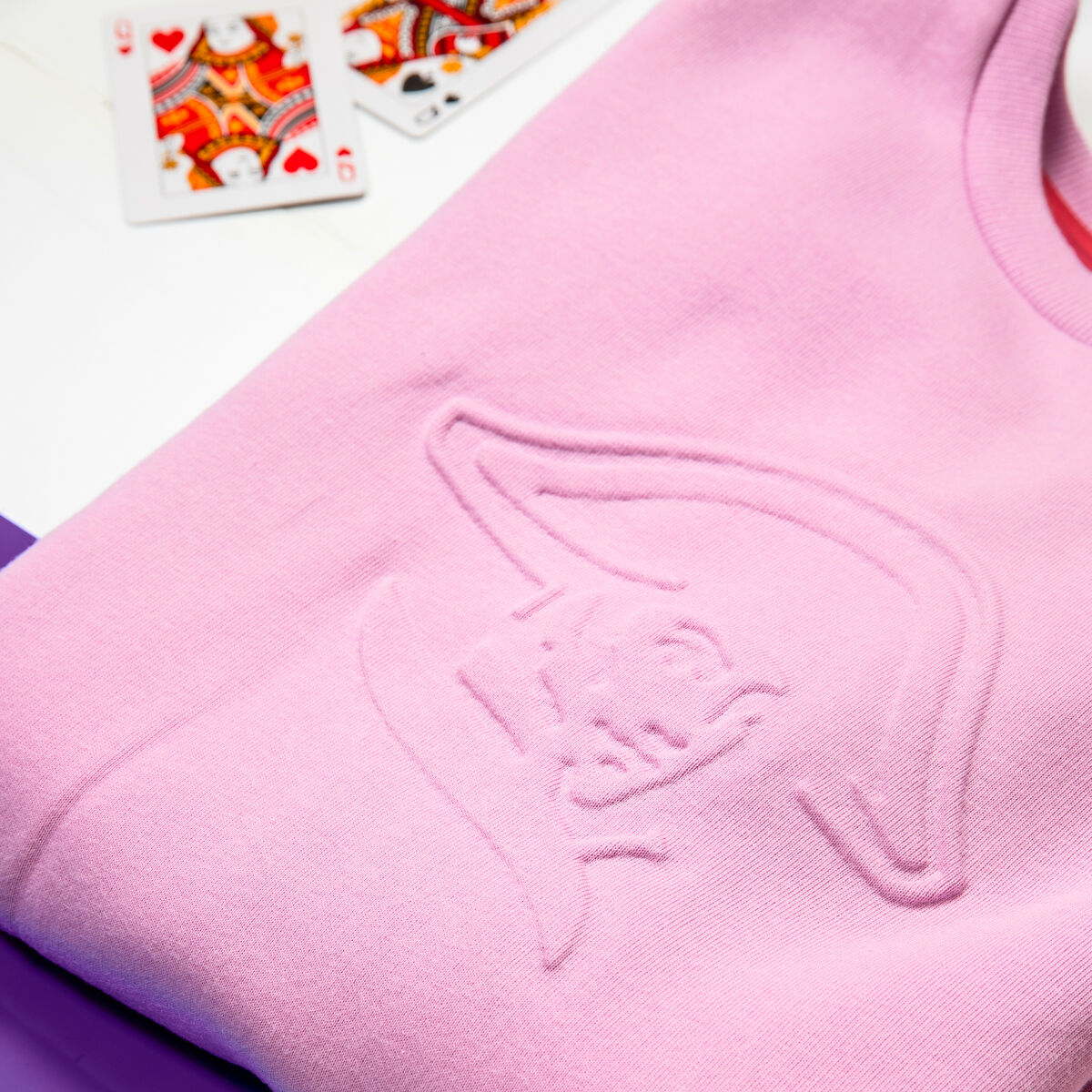 A pink branded sweatshirt with a large tonal debossed brand logo, produced to a fixed specification for a partner network
