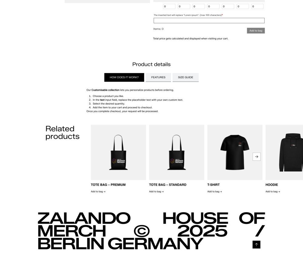 Een productpagina in de winkel van Zalando House of Merch, met een zakelijke teambestelling met volumegebaseerde prijzen