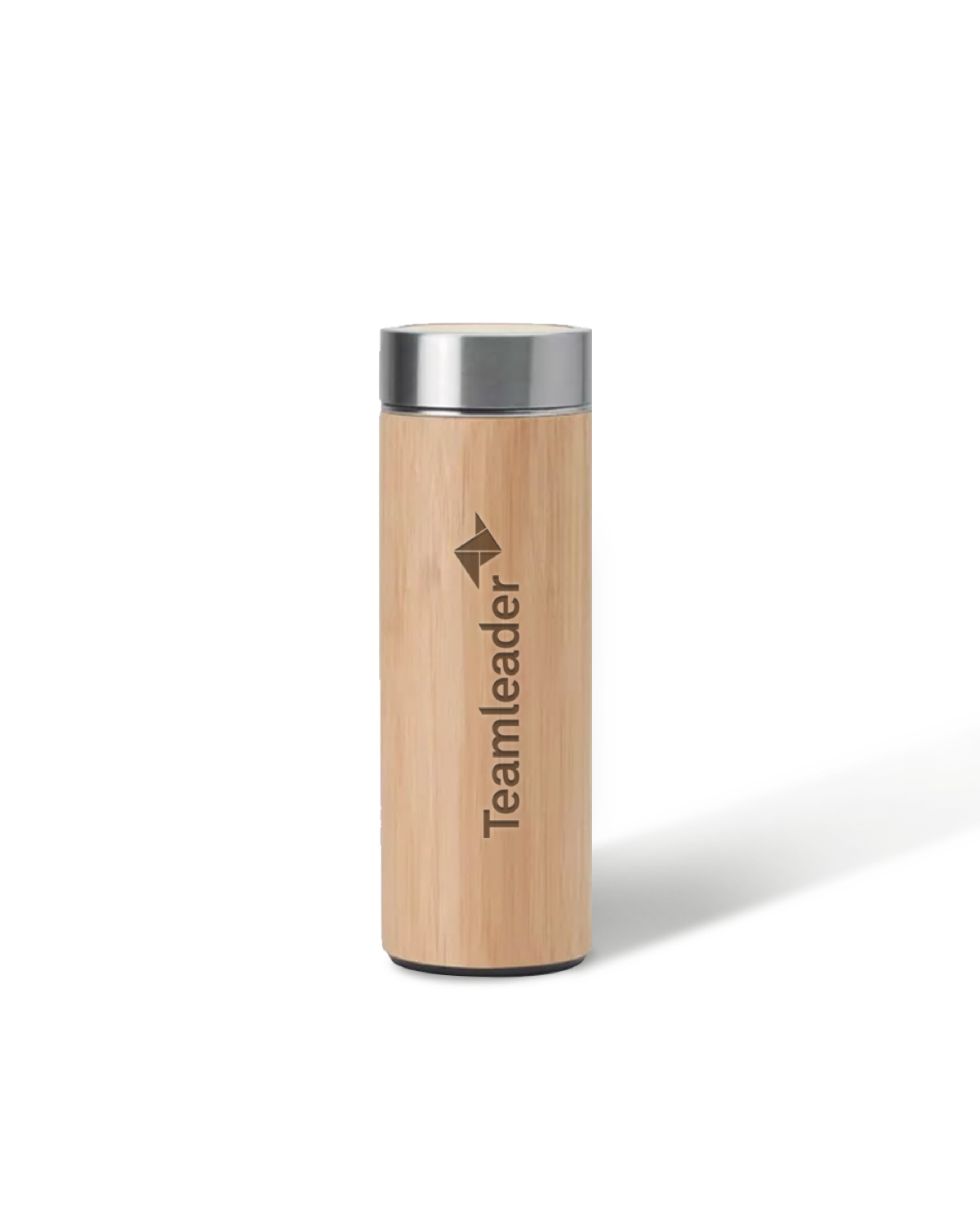 A stainless steel tea bottle wrapped in natural bamboo