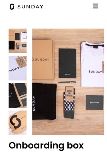 A Sunday onboarding box render showing a premium partner welcome kit with coordinated branded items