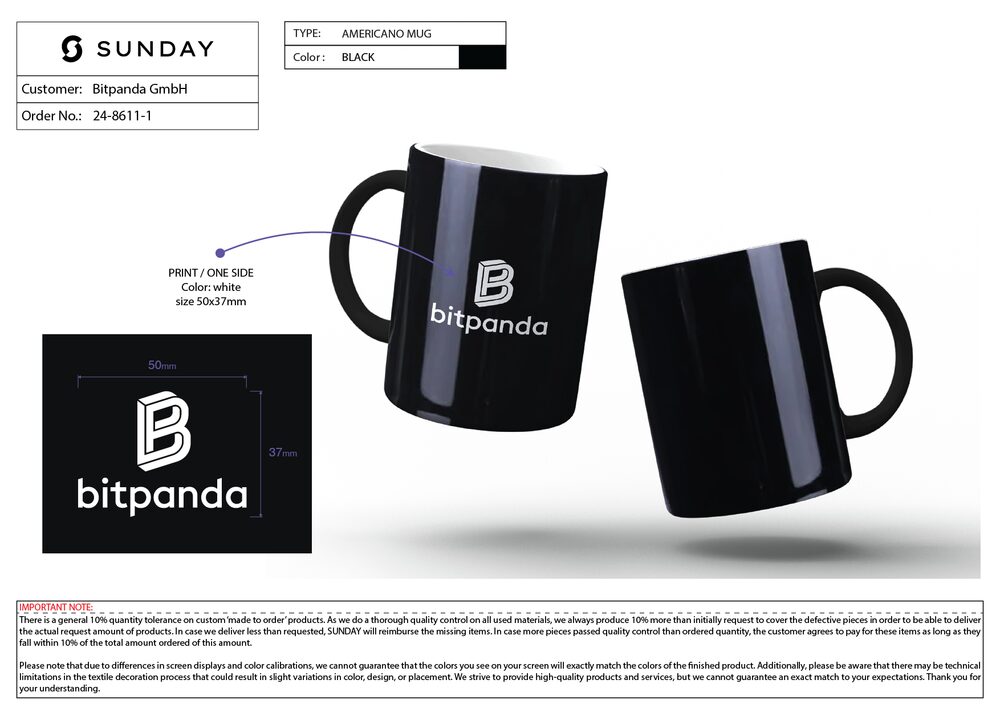 Een gebrande Bitpanda americano-mok geproduceerd in volume in één merkkleur