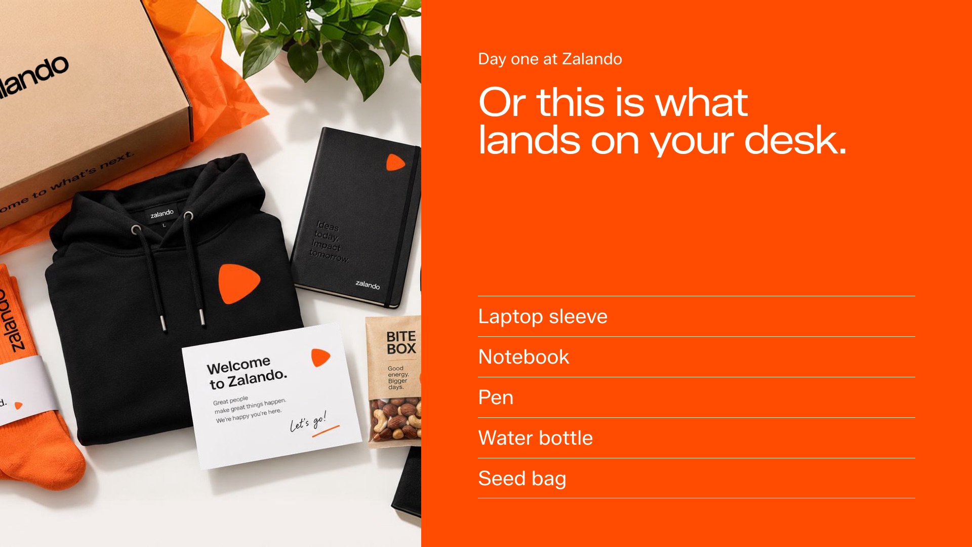 Zalando welcome box with branded hoodie, notebook, welcome card, socks and snack box
