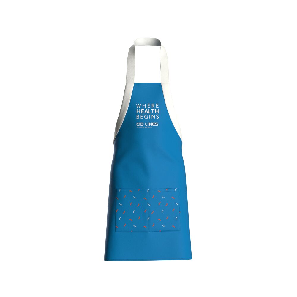 Eine gebrandete Schürze für einen Lebensmittelproduzenten, eingesetzt für gebrandete Verkostungen und Food-Demos