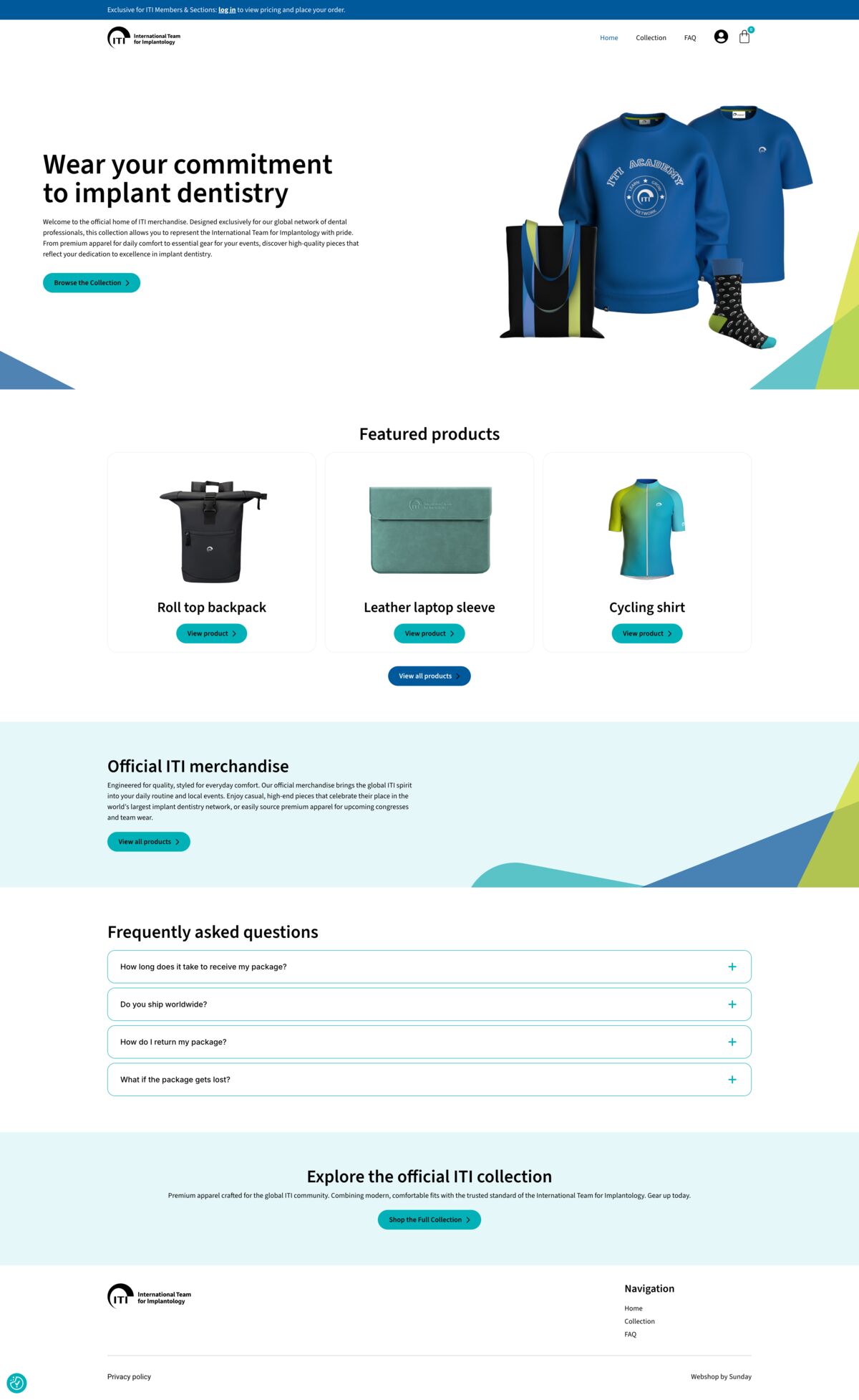 Página de inicio de la tienda de merchandising de ITI construida por Sunday, con una colección destacada, productos destacados, una sección de preguntas frecuentes y un aviso de acceso solo para miembros