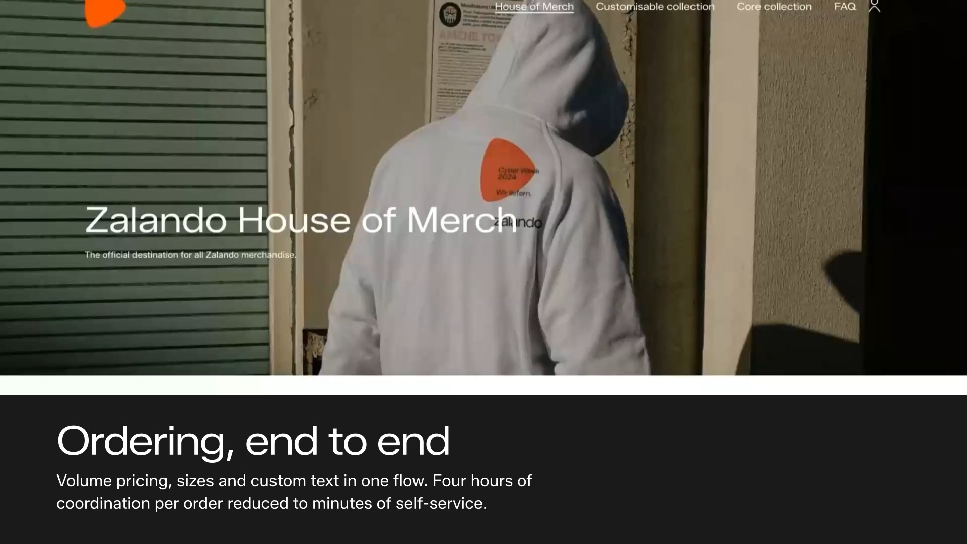 Zalando House of Merch platform homepage with navigation for customisable collection, core collection and FAQ