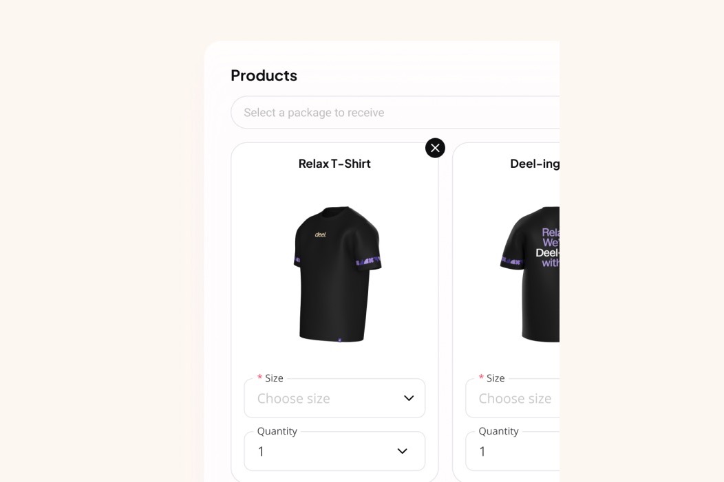 Een maatkeuzepagina met een zwart T-shirt, een keuzemenu Kies maat en een aantalveld, en een tweede productkaart die deels zichtbaar ernaast staat.