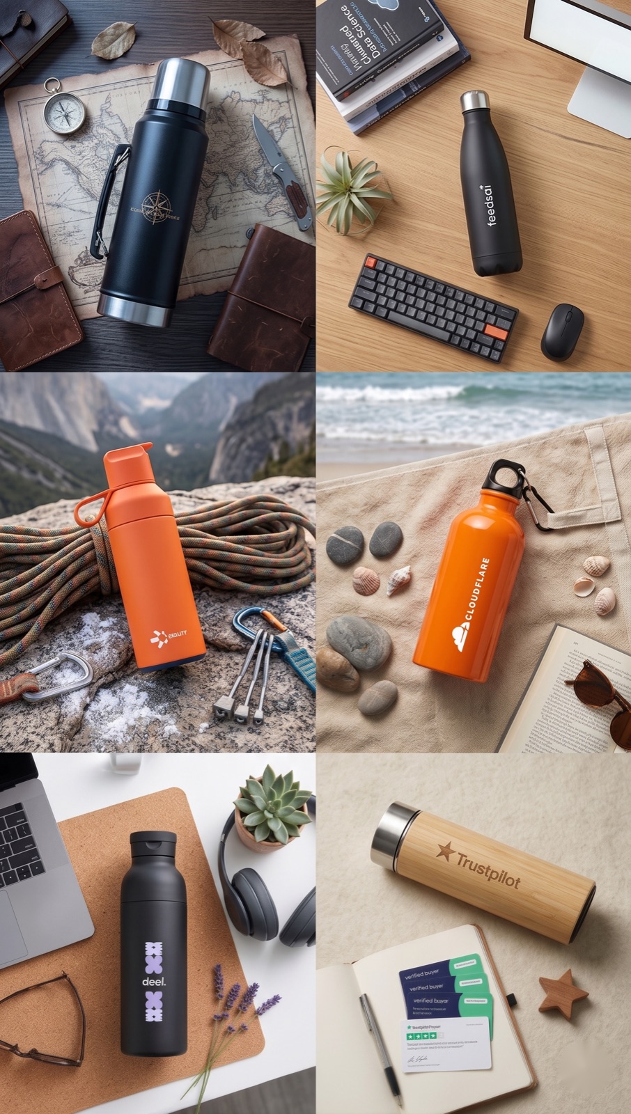 Un collage de botellas de agua personalizadas con marca
