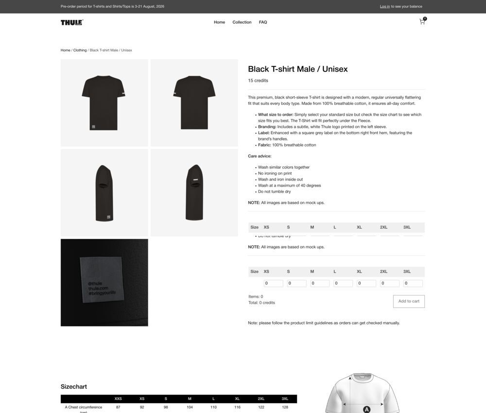 Een productpagina in de bestelwinkel voor managers van Thule, waar managers voor hun teams bestellen via een SSO-login en een coin-tegoed
