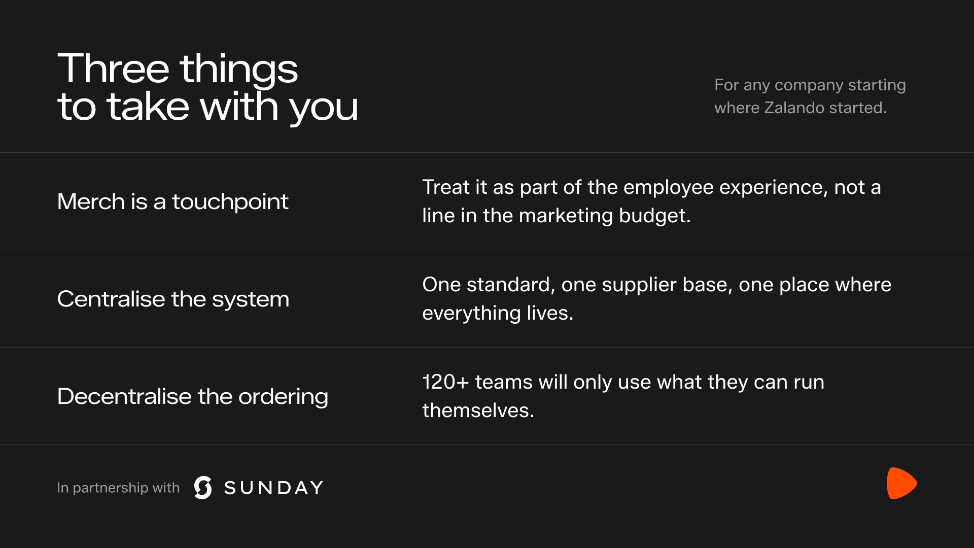Slide: three things to take with you – merch is a touchpoint, centralise the system, decentralise the ordering