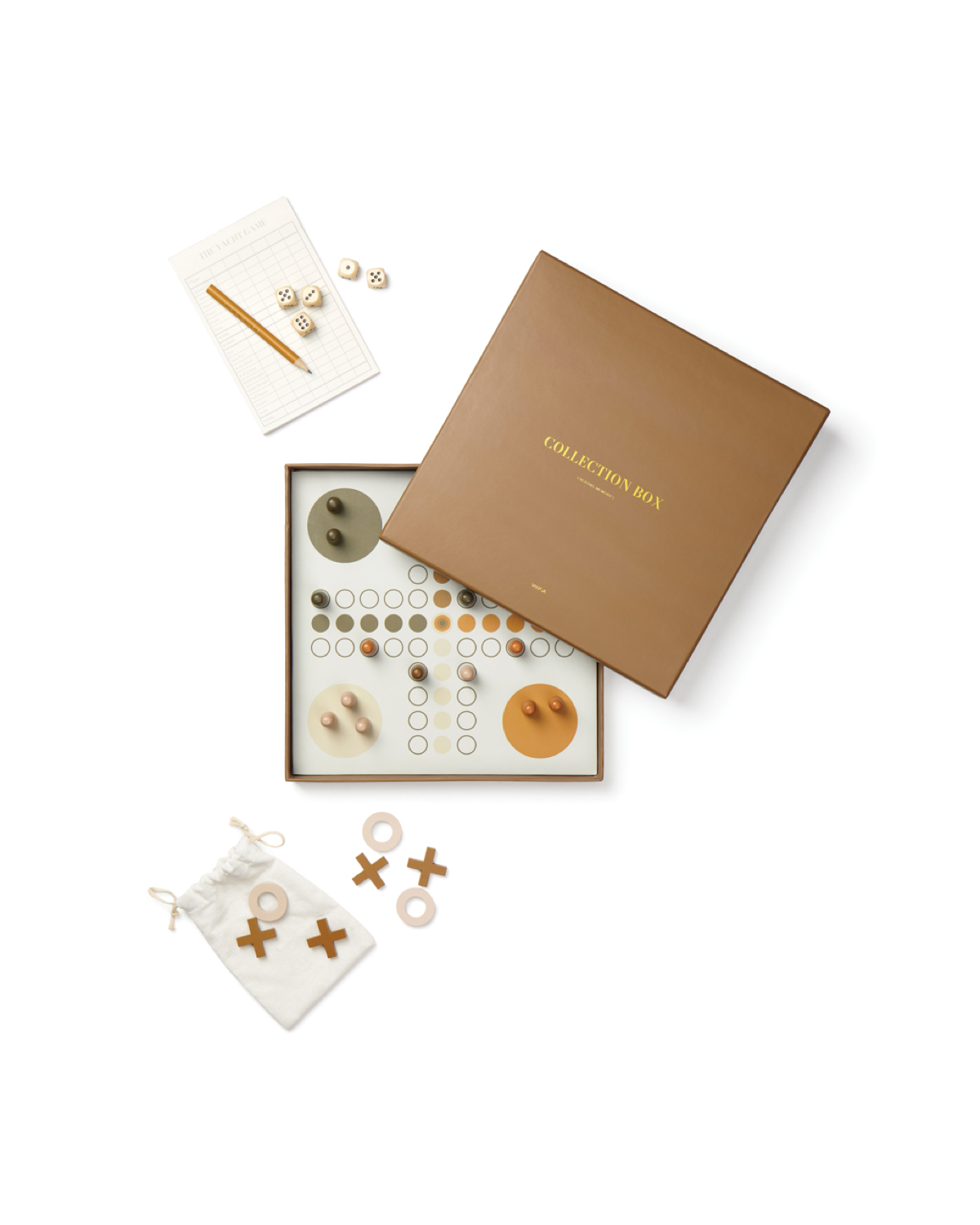 A wooden box set with three classic table games