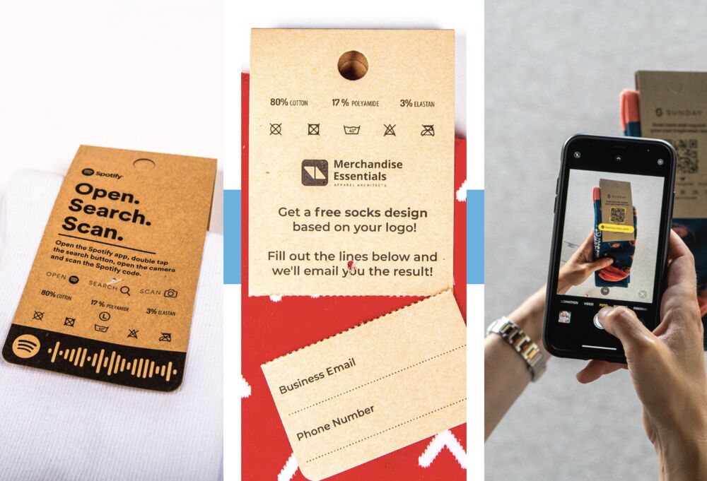 Custom printed packaging inserts and cards with an interactive scan-to-design detail, showing branding carried into the packaging experience