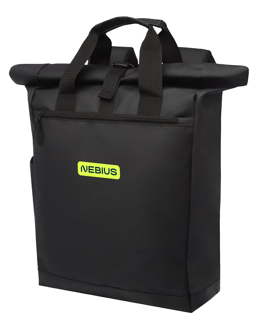 Een waterdichte custom laptoprugzak gemaakt voor Nebius, met het gevoerde 15-inch laptopvak en strakke branding gebruikt door een verspreid techteam