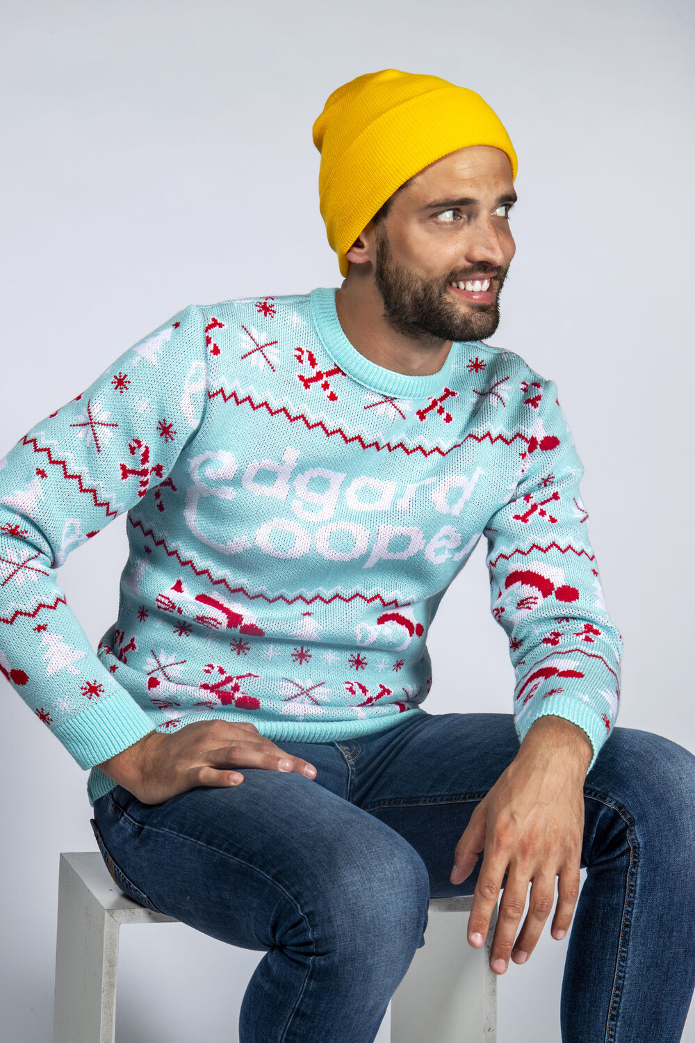 Branded Edgard & Cooper Christmas sweater by Sunday worn by the team