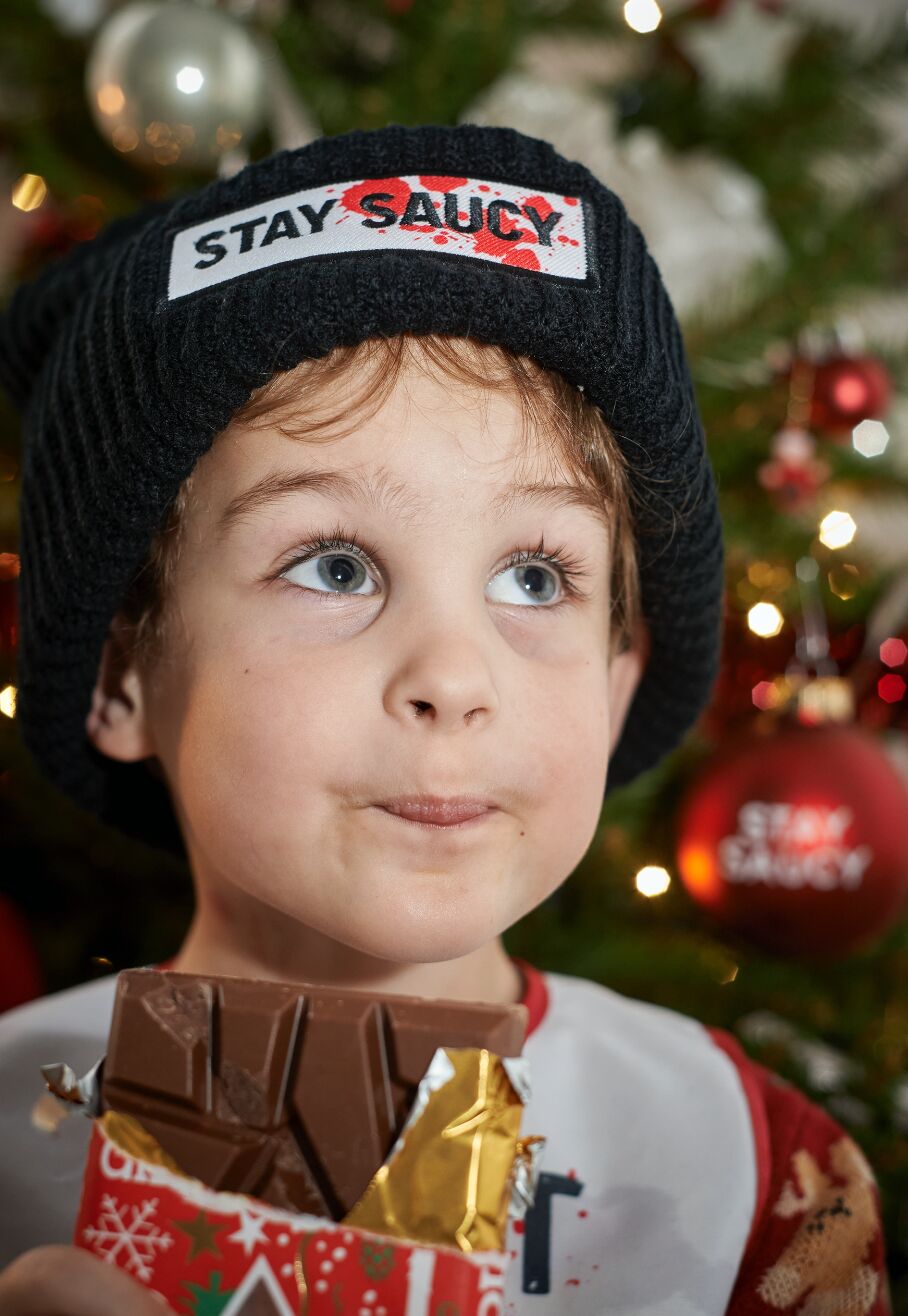 A finished branded custom beanie, the result of a clean design and decoration process