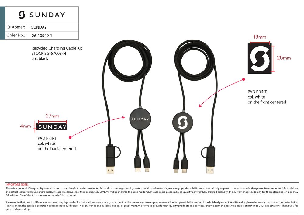 A Sunday recycled charging-cable kit, a modern tech accessory insert for a partner onboarding kit that feels current and genuinely useful