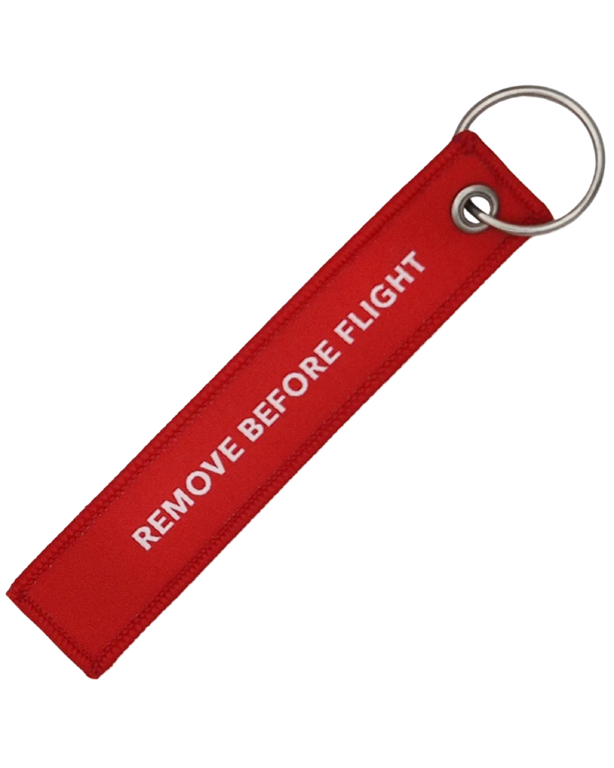 A durable woven polyester keychain with a stitched-in logo