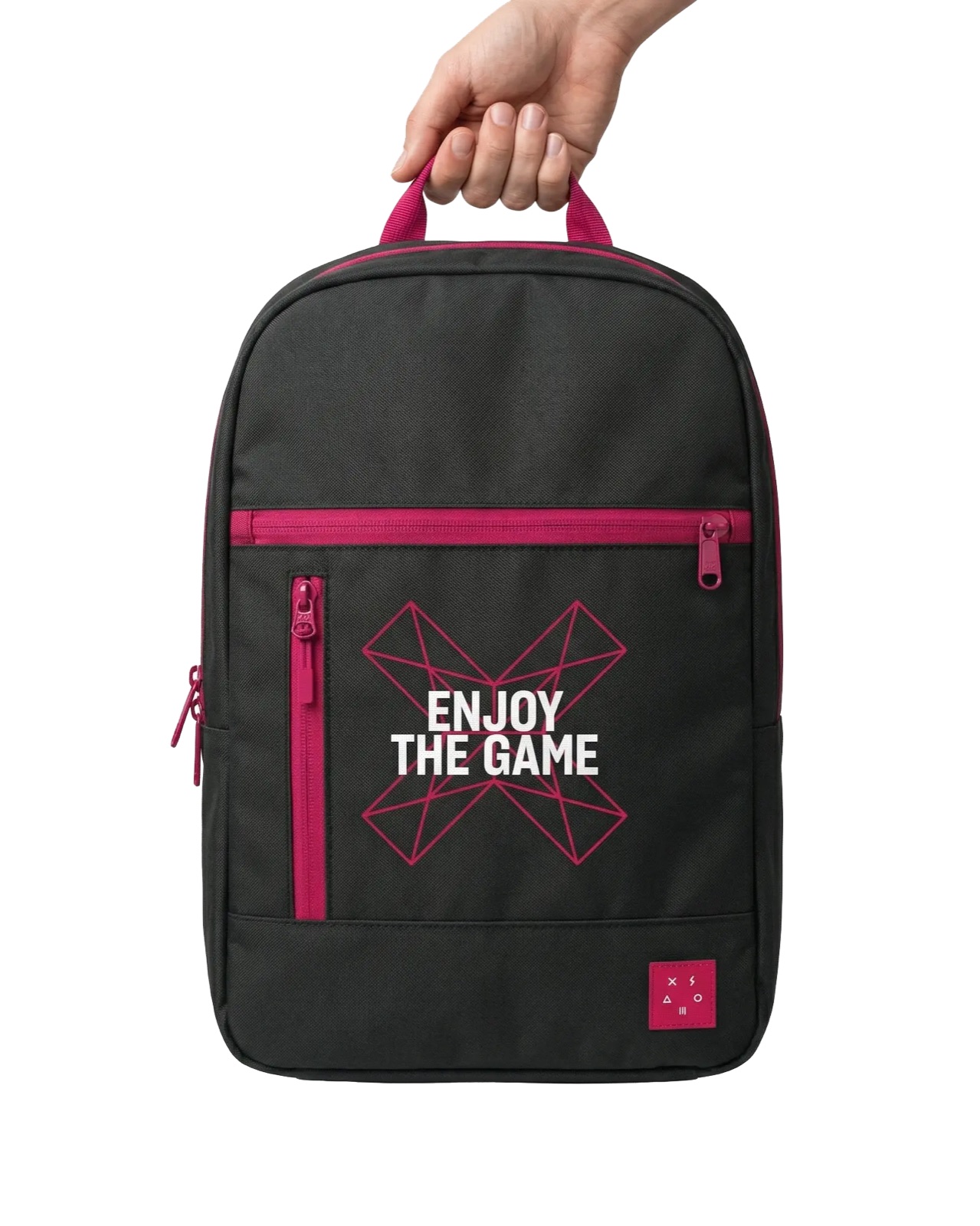 A custom branded backpack product render with subtle logo decoration on a professional colourway