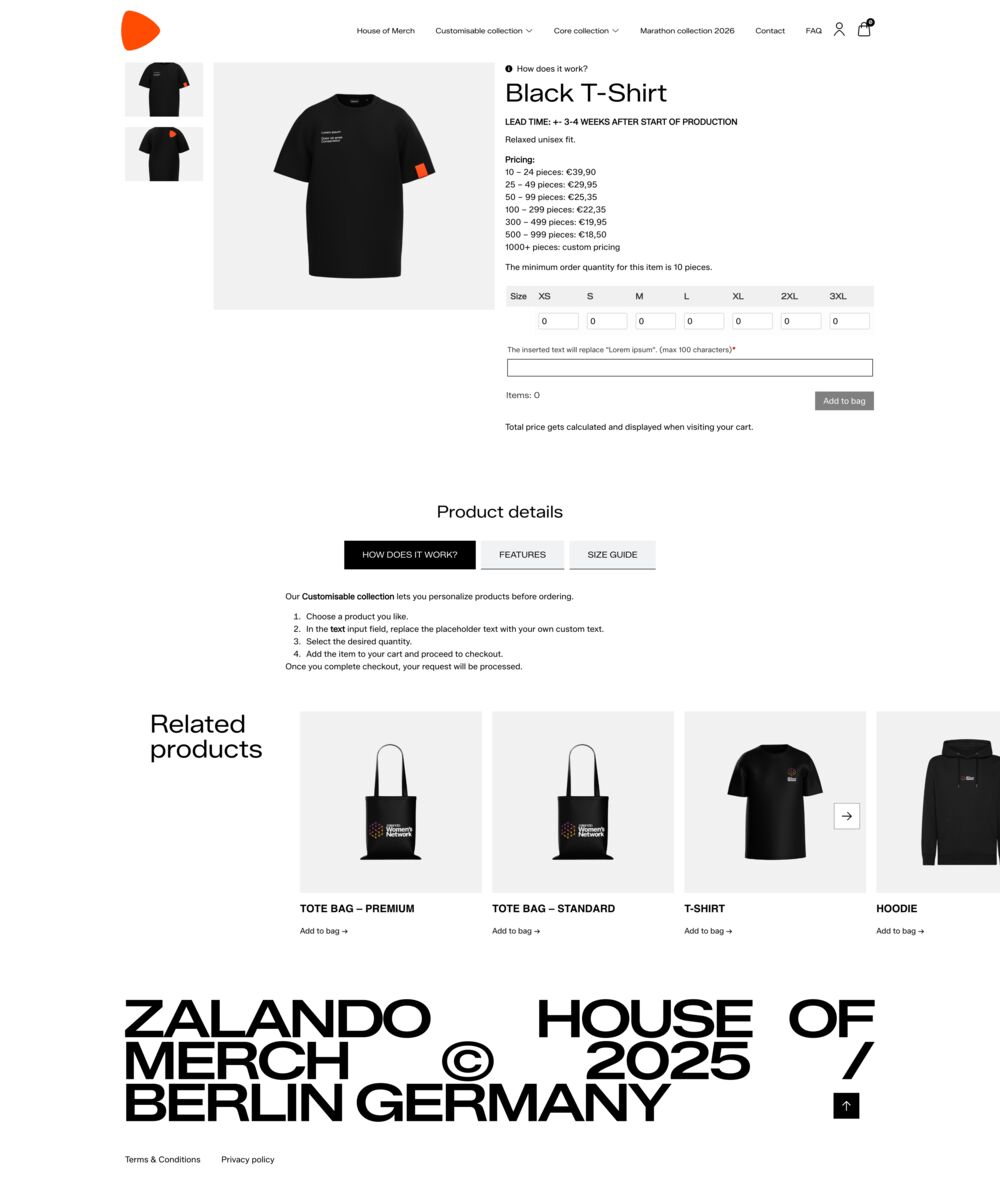Productpagina in de Zalando House of Merch-winkel met een zwart t-shirt met hoeveelheidsafhankelijke prijsstaffels, een maattabel en een tekstveld voor teampersonalisatie