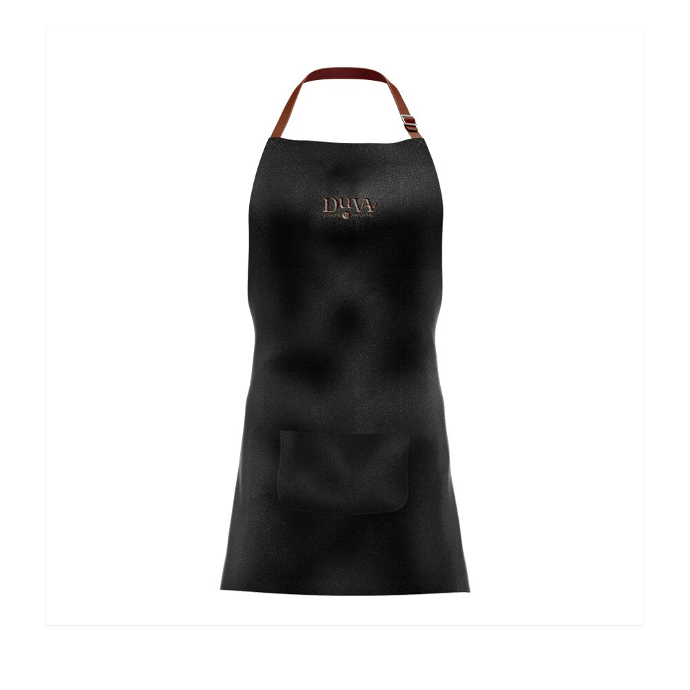 A premium leather-look apron in brown with restrained branding, showing the recycled PU leather option that gives a leather aesthetic without traditional leather