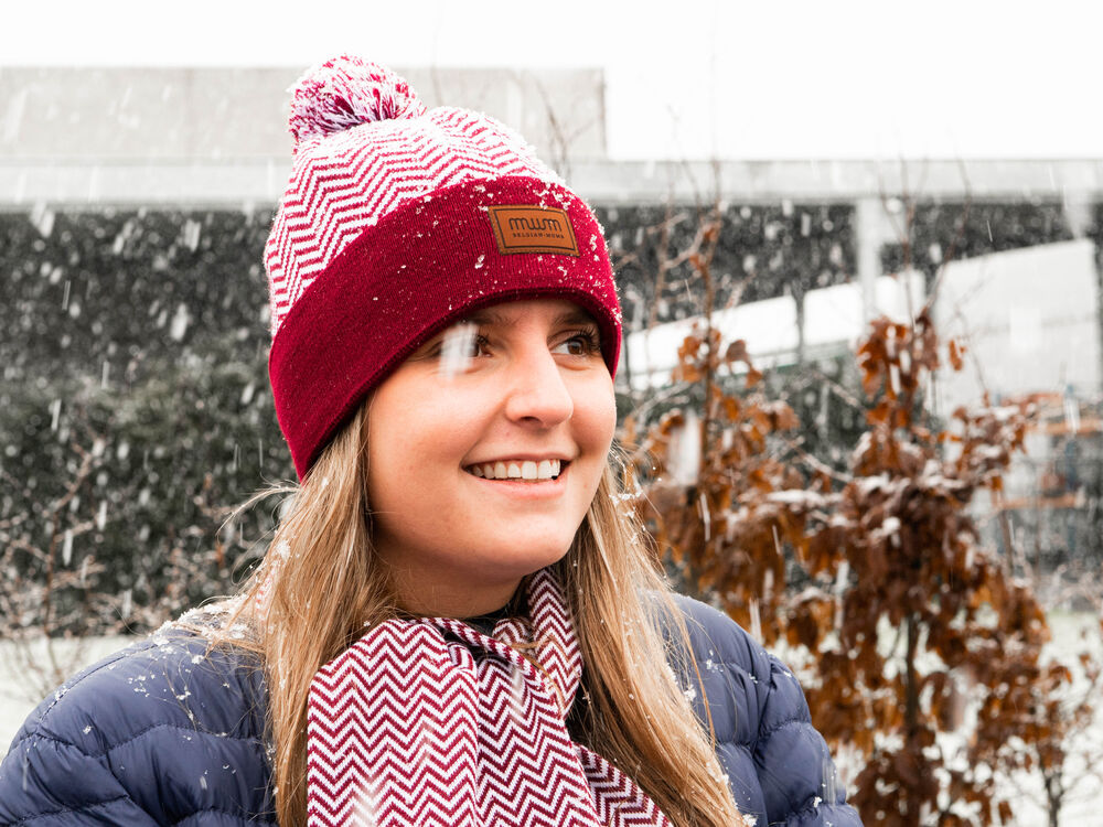 A close view of beanie material and knit construction
