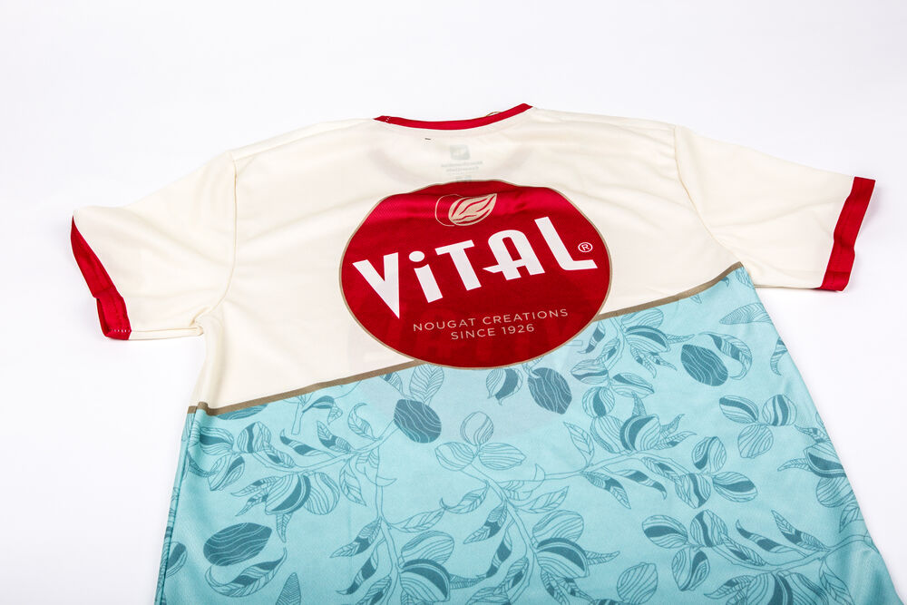 Ein individuelles Teamtrikot-Design in kräftigen Markenfarben mit integriertem Logo und Panelling, ein Beispiel für ein abgestimmtes Firmen-Sportkit